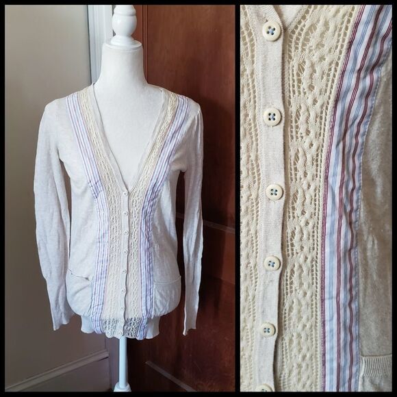 ANTHROPOLOGIE Field & Flower oatmeal ivory‎ borders bf lace cardigan S - Picture 3 of 9
